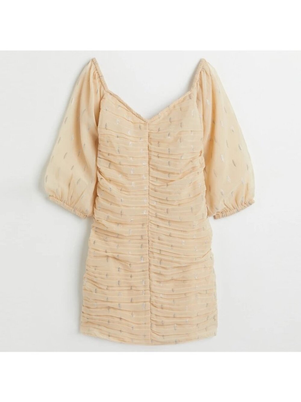 H&M Mini Dress Size Large Beige Ruched Metallic Chiffon V Neck Puff Sleeves - Picture 3 of 14